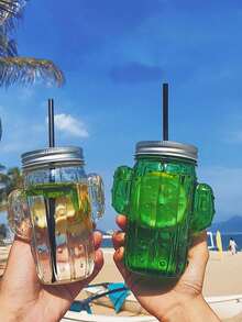 1pc Creative Cactus Glass Cup With Lid And Straw For Cold Drinks, Juice - Clear - View 1