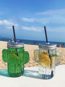 1pc Creative Cactus Glass Cup With Lid And Straw For Cold Drinks, Juice - Clear - View 2