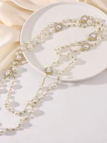 col de chaîne de pull longue et polyvalent à perles ovales en verre fait main avec fausses perles, accessoire de vêtement qui peut être superposé