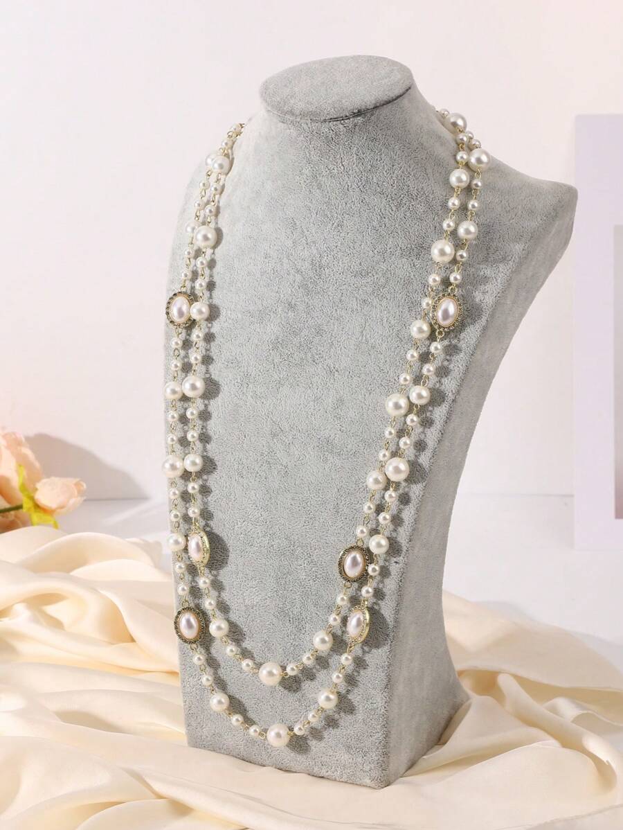 col de chaîne de pull longue et polyvalent à perles ovales en verre fait main avec fausses perles, accessoire de vêtement qui peut être superposé