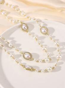 col de chaîne de pull longue et polyvalent à perles ovales en verre fait main avec fausses perles, accessoire de vêtement qui peut être superposé