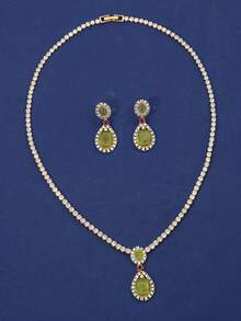 3 件套女士项链和耳环套装，梨形晚会配饰珠宝，镶嵌 AAA 锆石，适合婚礼活动和正式场合 - 金底 - 查看 12