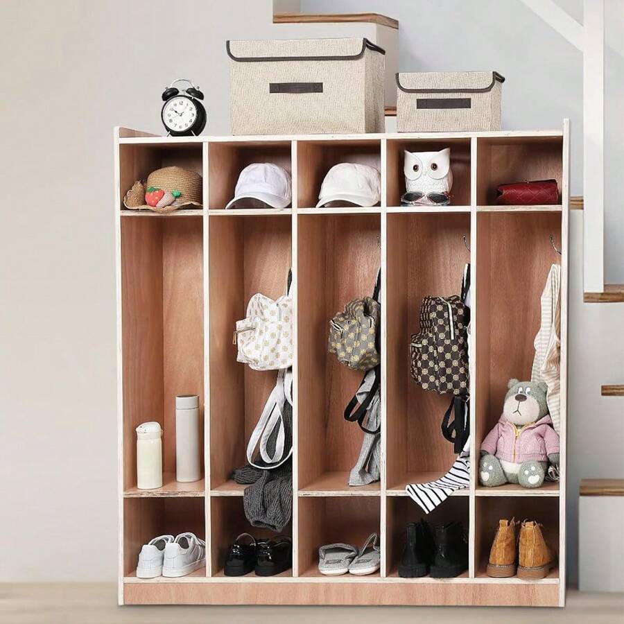 Classroom Coat Locker With 10 Cubbies, Glazed Finish, 4 Casters, Hooks
