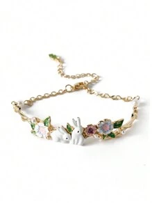 1pc Women's White Rabbit, Faux Pearl & Flower Decor Bracelet With College Style Leaf, Fresh And Cute Animal Accessory - Bunny Bracelet - View 12