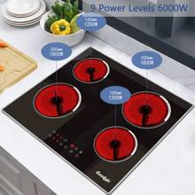 Ceramic Hob 4 Zones Electric Hob With Touch Control Built-In 60CM Ceramic Hob, 9 Power Levels, 6000W, Timer, Child Lock, Hard Wired, Black Glass Ceramic - Black - View 3