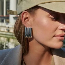 S SHOPBOHO 1對復古防水不鏽鋼條紋耳環,大尺寸陳述性耳釘適合女士 - 幾何 - 查看 2