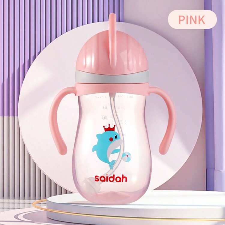 SAIDAH 350毫升V型吸管杯，卡通图案，婴儿幼儿防漏训练饮水杯，带盖 - 粉色 - 查看 4