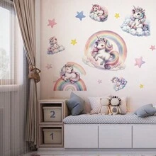 1入組卡通髮夾風格牆貼,粉色獨角獸&星星&彩虹&雲朵設計,適用於兒童房間或幼兒教室裝飾,尺寸11.8*35.4英寸 - 彩色 - 查看 3