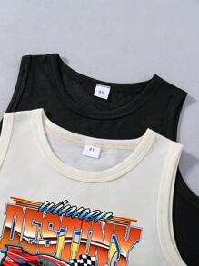 2pcs/Set Young Boy Race Car & Letter Print Top And Solid Drawstring Waist Shorts - Multicolor - View 3