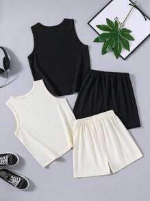 2pcs/Set Young Boy Race Car & Letter Print Top And Solid Drawstring Waist Shorts - Multicolor - View 2