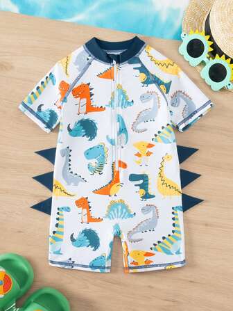 Young Boys' Cute Cartoon Dinosaur Printed One-Piece Swimsuit