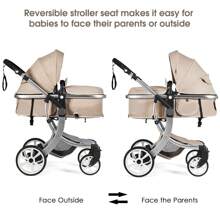 Baby Pushchair, Foldable Infant Stroller With Rain Cover, Mosquito Net, Carry Bag, Adjustable Backrest/Handle/Canopy, Convertible Buggy Pram For 0-3 Years - Beige - View 3