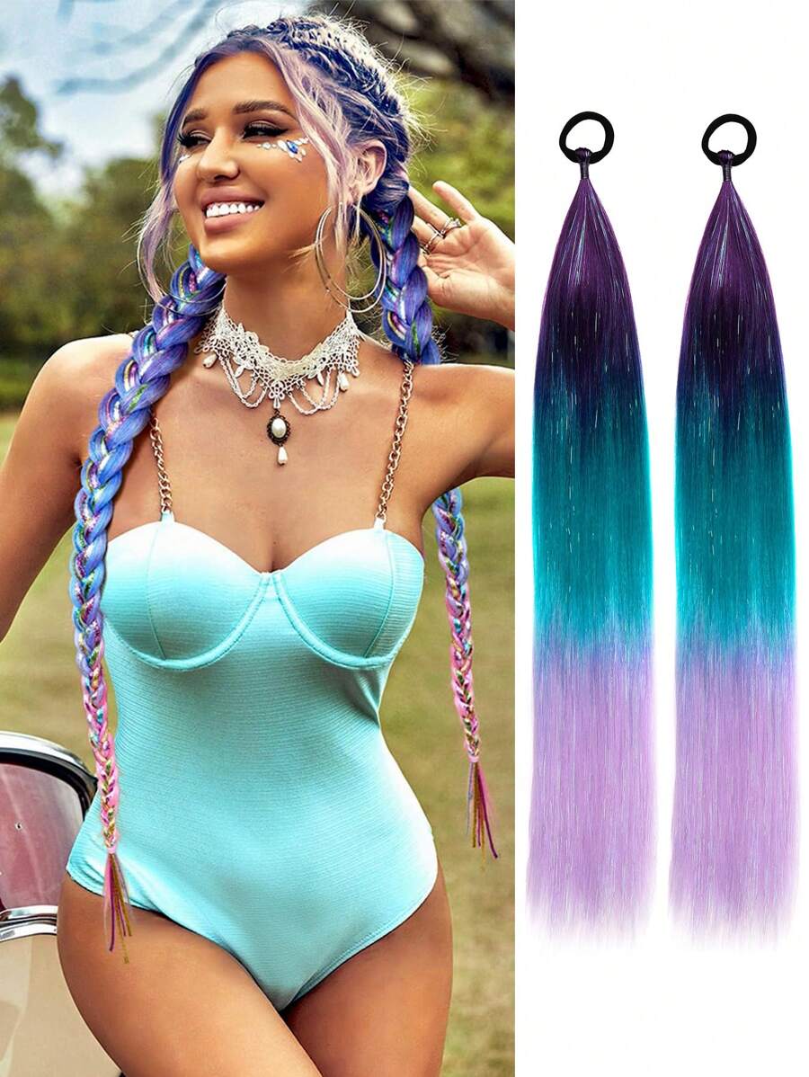 2-Piece Set 24inch Synthetic Braided Ponytail DIY Ombre Hair Extensions With Hair Tinsel Jumbo Ponytail Colorful Crazy Hair For Braiding Hair On Hair Tie Loose Tinsel Hair Extensions Hair Glitter Christmas, New Year And Other Holidays Can Wear COS