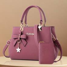 2pcs/Set Bow Decor Women Handbag Set, Solid Color PU Leather Shoulder Bag & Card Holder Suit For Daily, Casual, Shopping, Business Commute