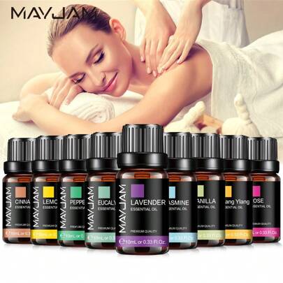  MAYJAM 1瓶10毫升/0.33液盎司精油，适用于加湿器、DIY口红制作、蜡烛香薰、香薰扩散器，包含薰衣草、茉莉、尤加利、香草、薄荷、檀香、乳香、甜橙、依兰、柠檬、玫瑰、佛手柑、茶树、丁香、柠檬草、广藿香、迷迭香、天竺葵、香茅、肉桂、葡萄柚、洋甘菊、快乐鼠尾草、生姜、没药、橘子、百里香、岩兰草。