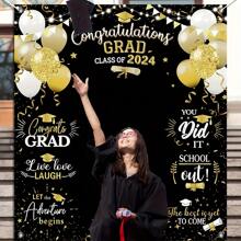 Large Size 2024 Graduation Congrats Grad Photography Backdrop Class Of 2024 Photo Props Prom Booth Graduation Background Banner With Congrats Sign For Graduation Party Decorations Graduation Favors Supplies - Black and White - View 1