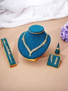 5pcs/Set /European/American Style Jewelry Set Including Zirconia Encrusted Necklaces, Earrings, Rings And Bracelets Suitable For Women's Wedding, Birthday, Holiday Or Party Wear - Gold - View 12