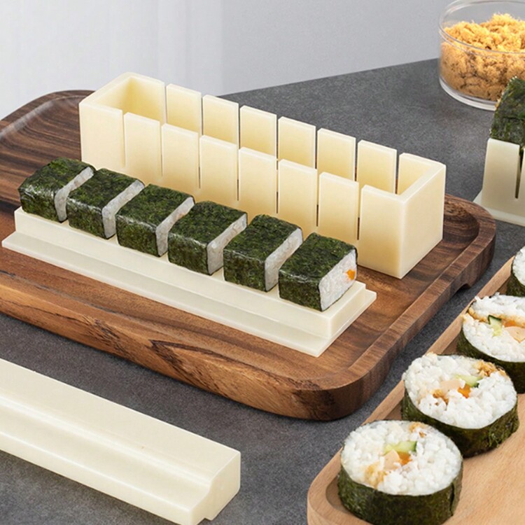 1套壽司模具套裝工具3入組製作飯糰套裝包括海苔和卷心菜包裹和滾筒墊,包括3種形狀（圓形,心形,正方形） - 米色 - 查看 7