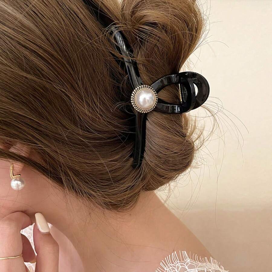 1 Kẹp Tóc Acrylic Thiết Kế Chữ Thập Màu Đen Cho Nữ Với Ngọc Trai Giả Lớn Để Tạo Kiểu Tóc Đơn Giản & Thời Trang, Thích Hợp Cho Buổi Hẹn Hò, Trang Phục Hàng Ngày Và Đi Chơi Thanh Lịch - màu đen - Xem 1