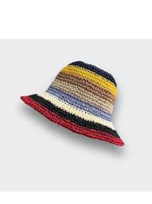 女士彩虹編織漏斗帽，夏季透氣防曬漏斗帽，帶條紋的韓國風邊緣帽子，提拉臉部波西米亞風格 - 頭圍56-58cm - 查看 12