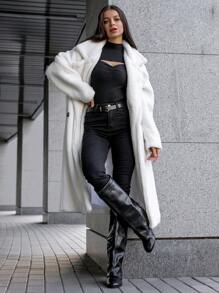 女士新款过膝长靴，圆头坡跟高跟，套穿式设计，鲨鱼扣装饰，复古街头风设计师款 - 黑色 - 查看 11