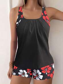 Floral Print Spaghetti Strap Backless Tankini Swimwear Set, Casual Sexy Beach Outfit, Medium Stretch Vacation Black - Black - View 3