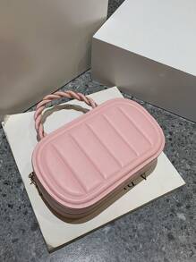 純色PU條紋壓花垂直條紋時尚橢圓形金屬手柄城市手提包（女士） - 粉色 - 查看 4