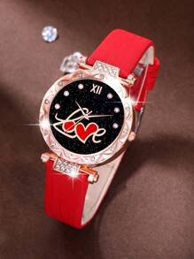 1 Set Damen Uhr mit Kunstlederarmband, Quarzwerk, Zifferblatt mit Edelsteinen und Strass-Halskette, Ohrringe, Ringe & Rubin Accessoires. Perfekt für den Alltag, Geburtstage, Partys, Feiertage und als ideales Geschenk für sich selbst oder Freunde. Ohne Verpackung.