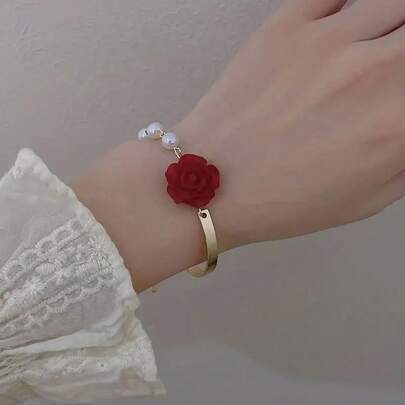 1入組典雅花卉假珍珠手鐲，女性時尚配飾