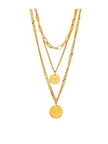 1pc Fashionable Simple Multi-Layered Retro Stainless Steel Engraved Round Pendant Necklace, Suitable For Daily Wear - Yellow Gold - View 5
