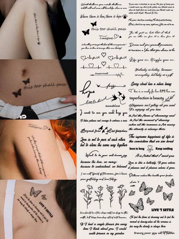 STARTTOOS 6pcs Black English Words & Sentences Flower Butterfly Patterned Temporary Tattoos With Spine, Wrist, Chest, Abdomen And Back Body Sticker