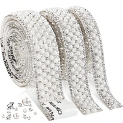 1roll Self-Adhesive Pearl Beaded Ribbon Wrap, Crystal & Pearl Beaded Trim For Diy Wedding Birthday Party Decoration