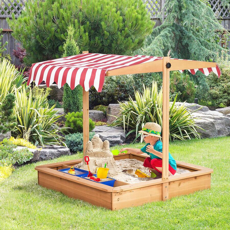 Sabbiera per Bambini in Legno con Tettuccio Regolabile in Altezza, Gioco da Giardino con Sedute sui Bordi e Vaschette, 107.5x107.5x110cm - Giallo - Visualizzare 1