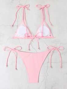 2023新款跨境欧美性感比基尼套装纯色女士比基尼夏季沙滩装 - 粉色 - 查看 5
