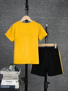 Purechapter Tween Boy Casual 2-Piece Set, 3-Color Block Crew Neck Short Sleeve Top And Athletic Shorts - Yellow - View 3