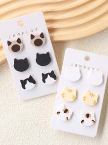 1 套（3 对）可爱动物猫形耳钉，仿软陶瓷丙烯酸涂层漆，有趣的个性化 Ins 风格猫耳饰品 - 貓咪 - 查看 10