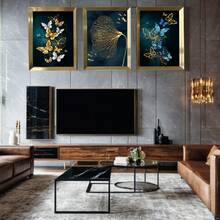 1套豪華淺藍色和金色蝴蝶帶框帆布壁畫,適用於客廳、臥室、酒店裝飾 - 金色 - 查看 7