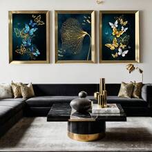 1套豪華淺藍色和金色蝴蝶帶框帆布壁畫,適用於客廳、臥室、酒店裝飾 - 金色 - 查看 2