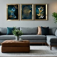 1套豪華淺藍色和金色蝴蝶帶框帆布壁畫,適用於客廳、臥室、酒店裝飾 - 金色 - 查看 3