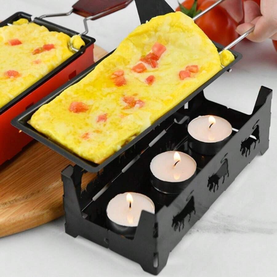 Swiss Cheese Raclette Grill Set With Non-Stick Raclette Tray And Candle Holder, For Butter Cheese - Steel Handle Black Set (including 3 Candles) - View 1