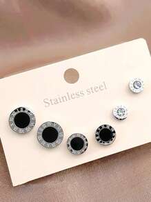 6pcs/Set Stainless Steel Small Round Earrings Embedded With Roman Numerals & Rhinestone, Suitable For Daily Wear