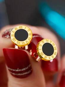 6pcs/Set Stainless Steel Small Round Earrings Embedded With Roman Numerals & Rhinestone, Suitable For Daily Wear