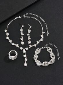 2025 Fashionable Crystal Necklace, Earrings, Bracelet, Ring 4-Piece Jewelry Set, Versatile Bridal Accessories - Silver - View 4