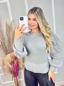 Plus Size Knit Tops - Màu Xám nhạt - Xem 2