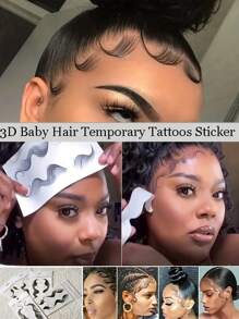 5 hojas de tatuajes temporales para el cabello, pegatinas impermeables y de larga duración para el arte corporal - Negro - Ver 1