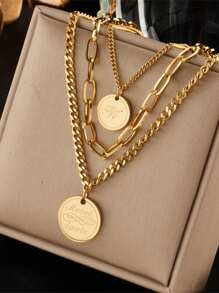 1pc Fashionable Simple Multi-Layered Retro Stainless Steel Engraved Round Pendant Necklace, Suitable For Daily Wear - Yellow Gold - View 8