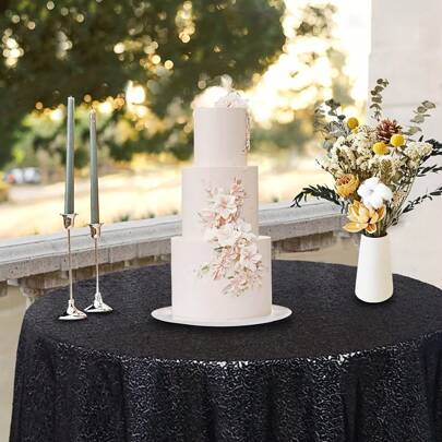 1pc Sparkly Tablecloth, Round, Black - Laser Circular Tablecloth Cover For Wedding, Baby Shower, Birthday Cake Table, Holiday Party, Suitable For All Seasons