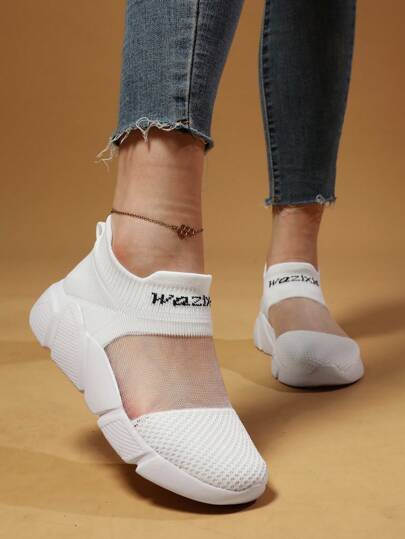 Women's Fashionable, Versatile, Comfortable And Casual Sports Shoes With Breathable Hollow Design And Thick Outsole