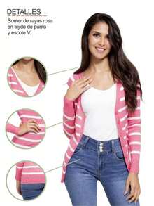 Suéter para Mujer con Botones Cuellos V con Parches de Piel Cómodo y Acogedor - Rosa Fucsia - Ver 5