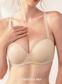Strapless Push Up Bra, Full Coverage Underwire Multiway Contour Lingerie - Apricot - View 3